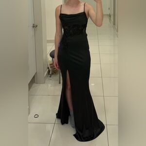 Elegant black prom dress with floral details